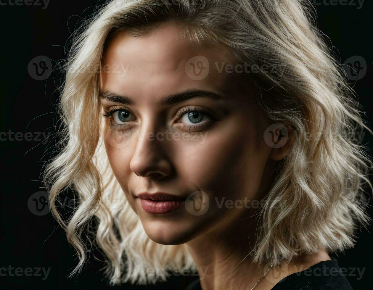 photo of close up beautiful european woman with blonde hair color in black background, generative AI