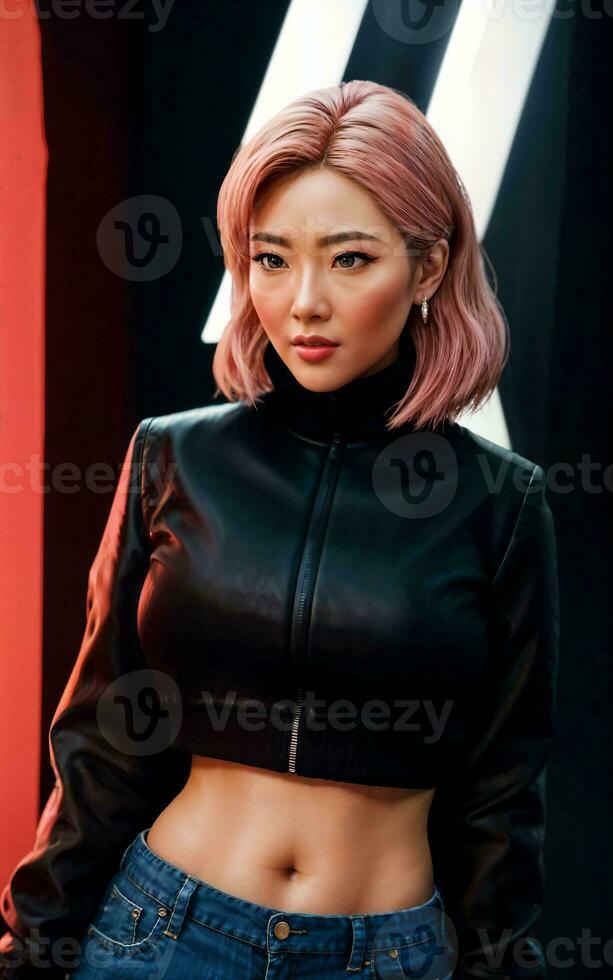 photo of asian woman in jacket outfit with colorful light in background, generative AI