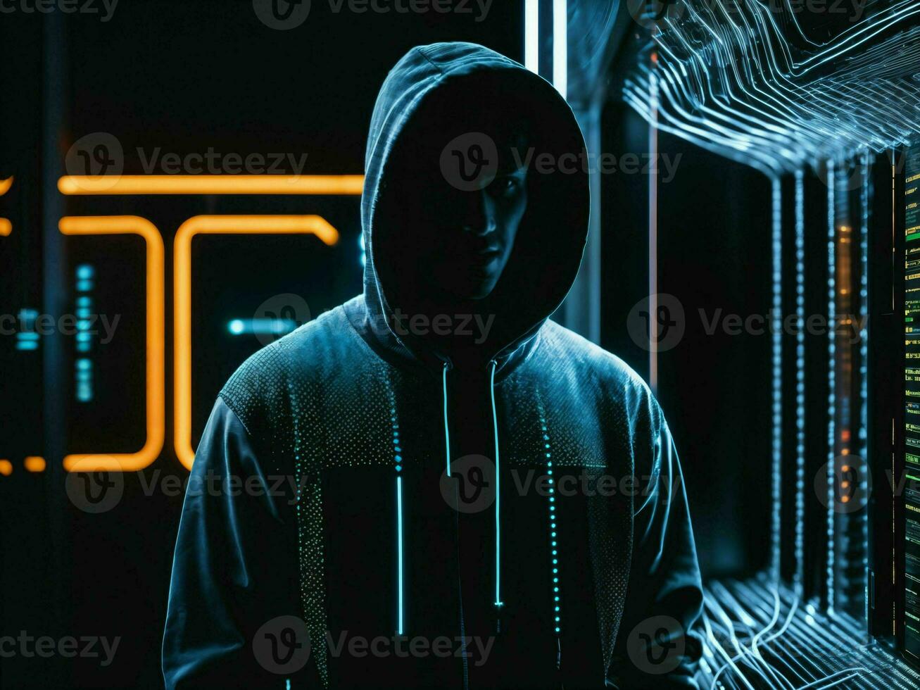 photo of man in black hoodie in server data center room with neon light, generative AI