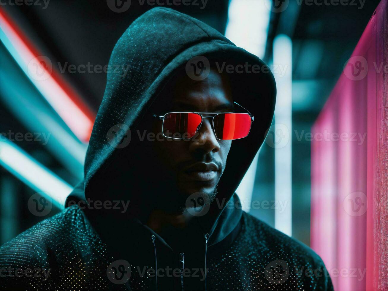 photo of black man in black hoodie in server data center room with neon light, generative AI