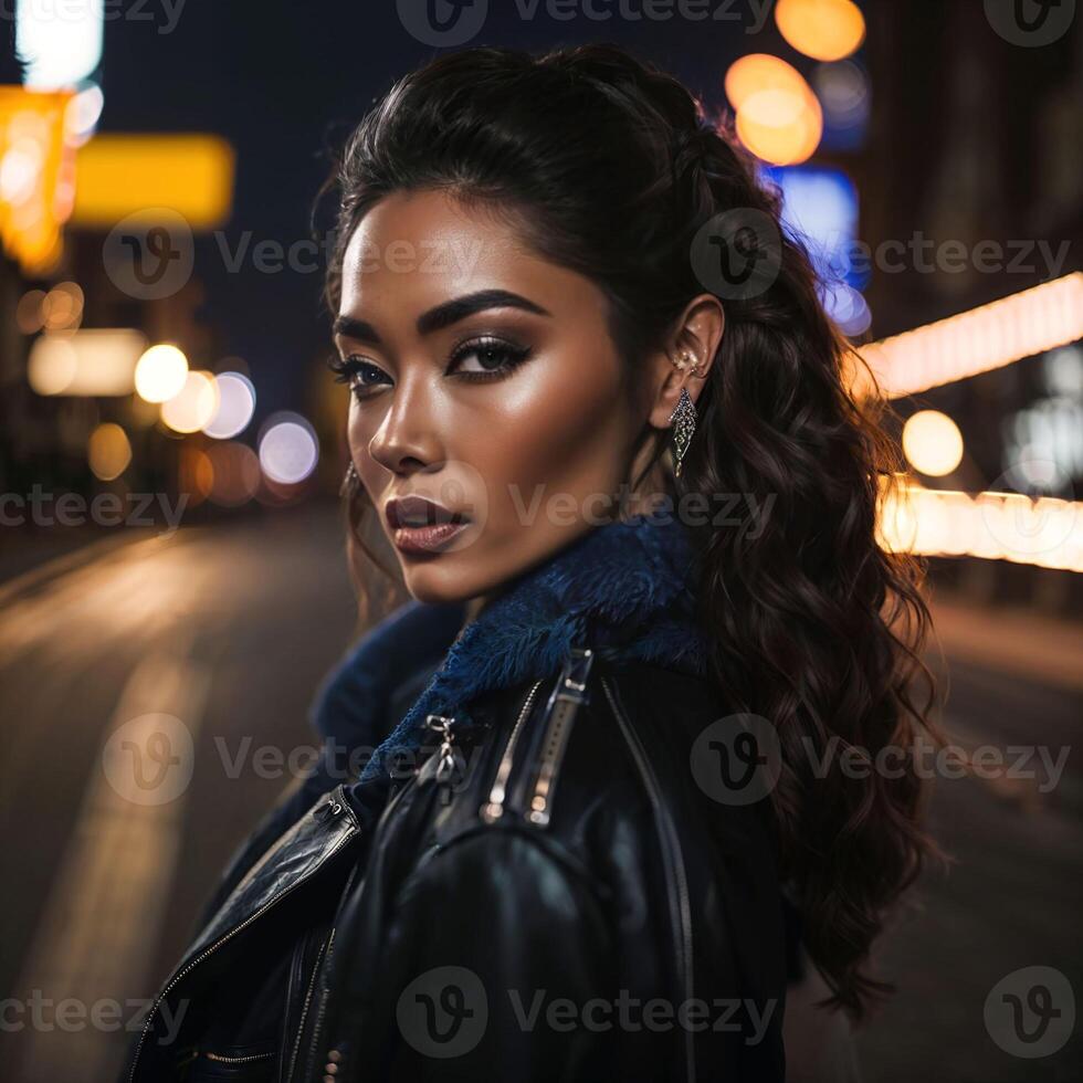 photo of woman at street night with light,