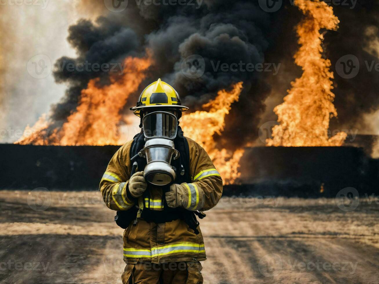 photo of firefighter with big fire cloud and smoke in background, generative AI