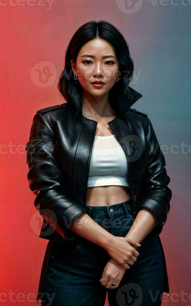 photo of asian woman in jacket outfit with colorful light in background, generative AI