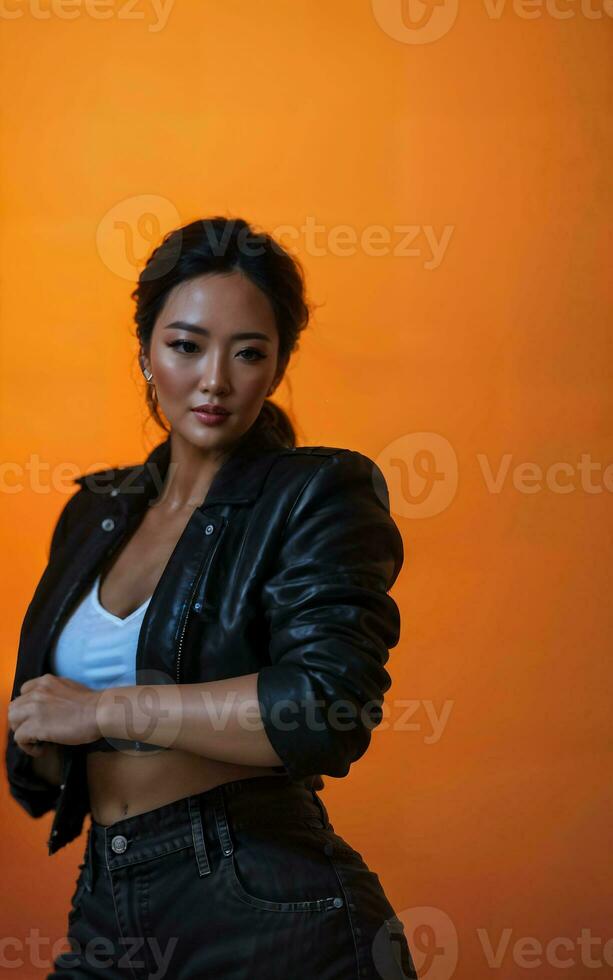 photo of asian woman in jacket outfit with colorful light in background, generative AI