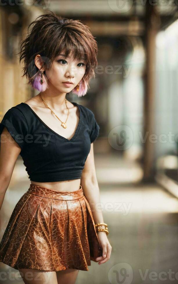 photo of teenage playful asian woman with accessories and mullet hairstyle, generative AI