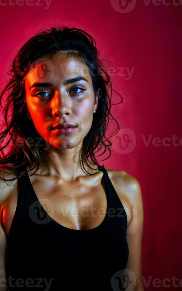 foto de hermosa mujer con rojo y rosado Encendiendo y fondo , generativo ai