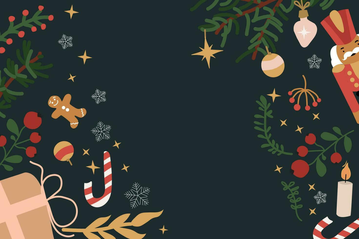flat Christmas background with seasonal decorations and foliage. vector