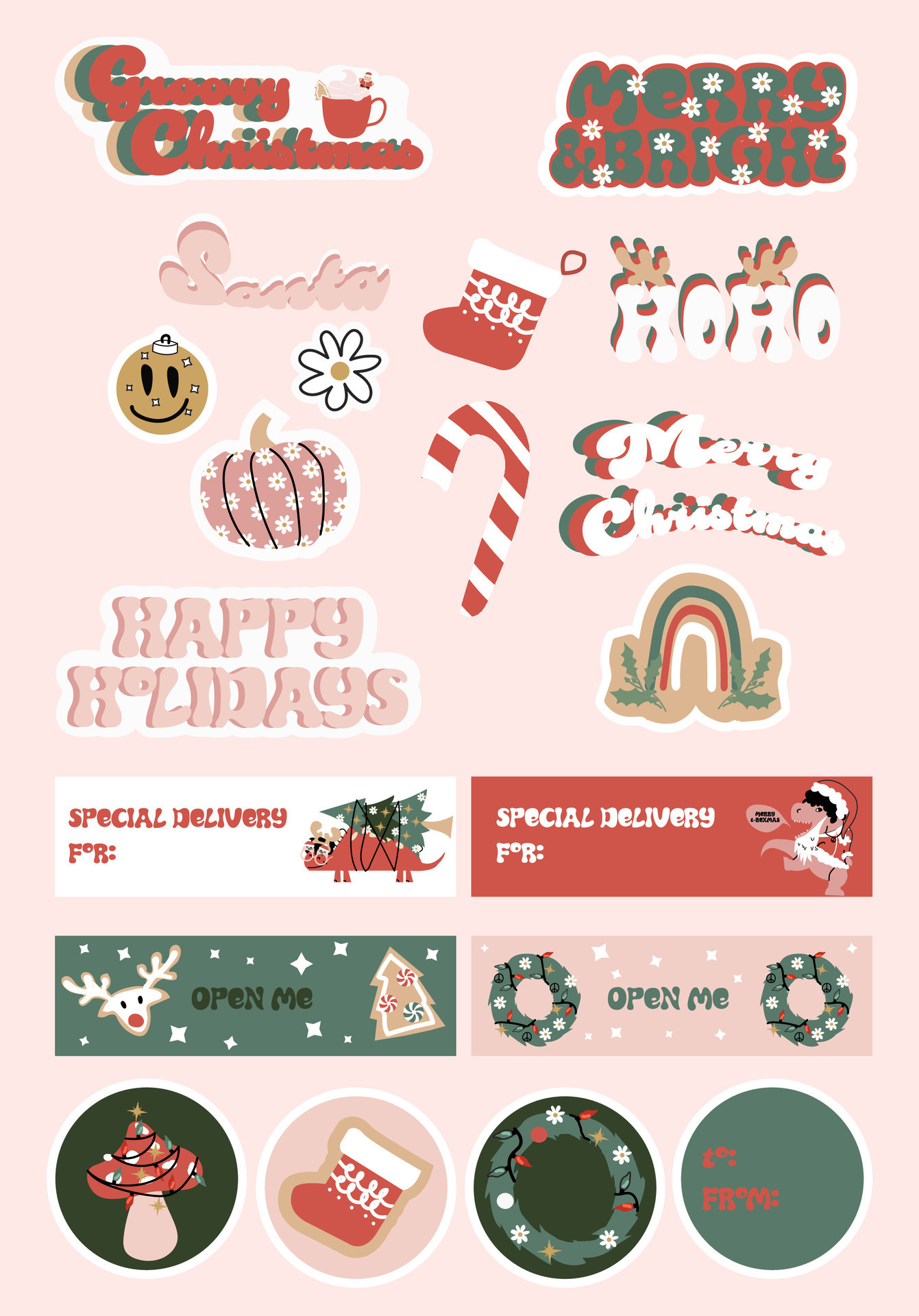 Groovy Christmas stickers collection with candy cane, Christmas sayings