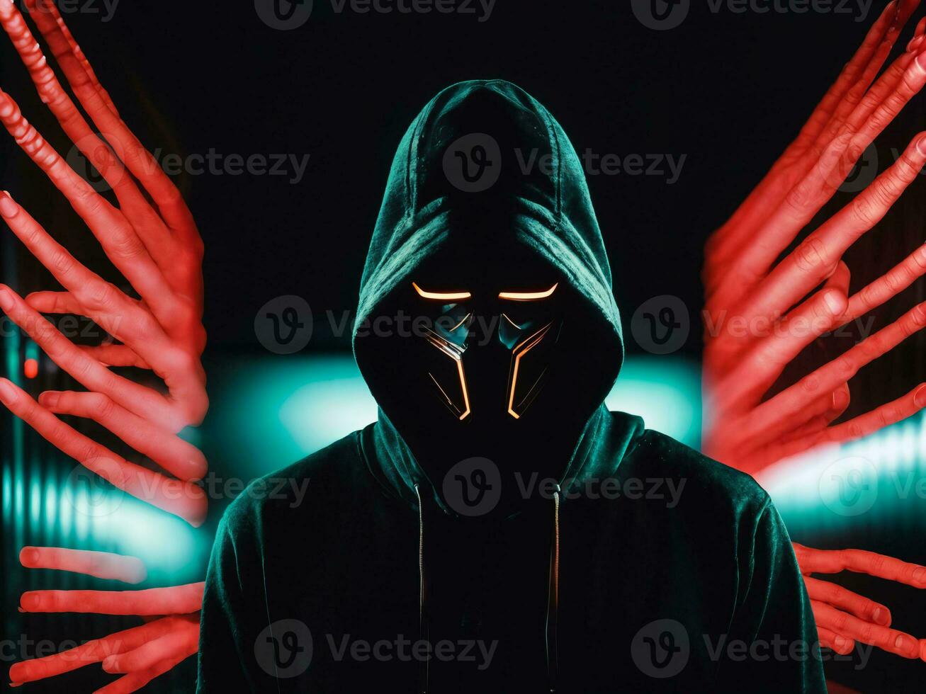 photo of man in black hoodie in server data center room with neon light, generative AI