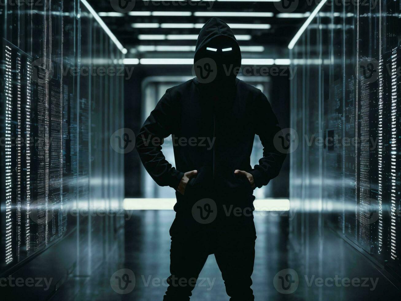 photo of man in black hoodie in server data center room with neon light, generative AI