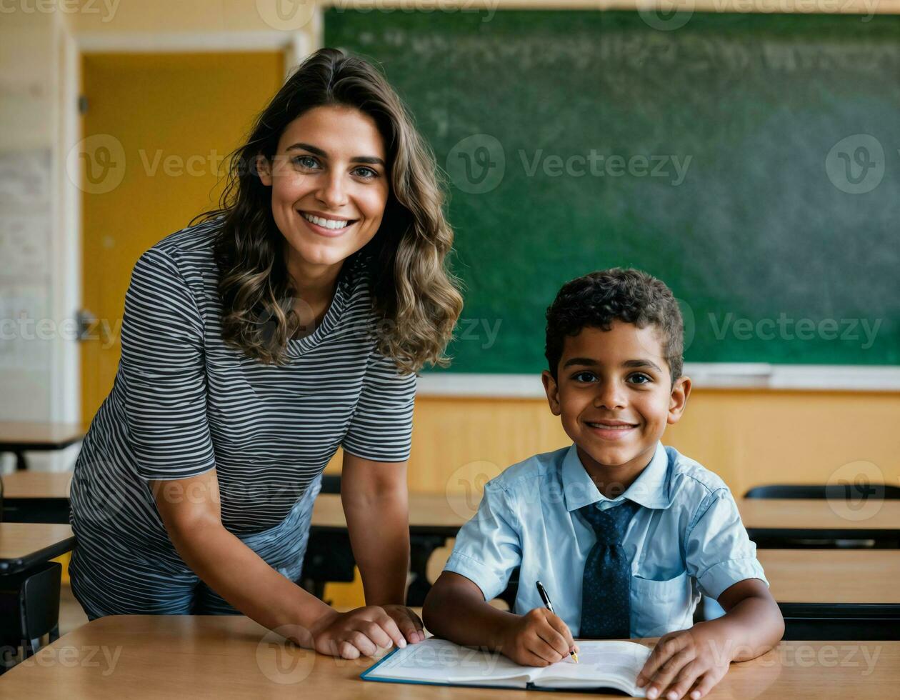 photo of happy teacher and kids at school room, generative AI