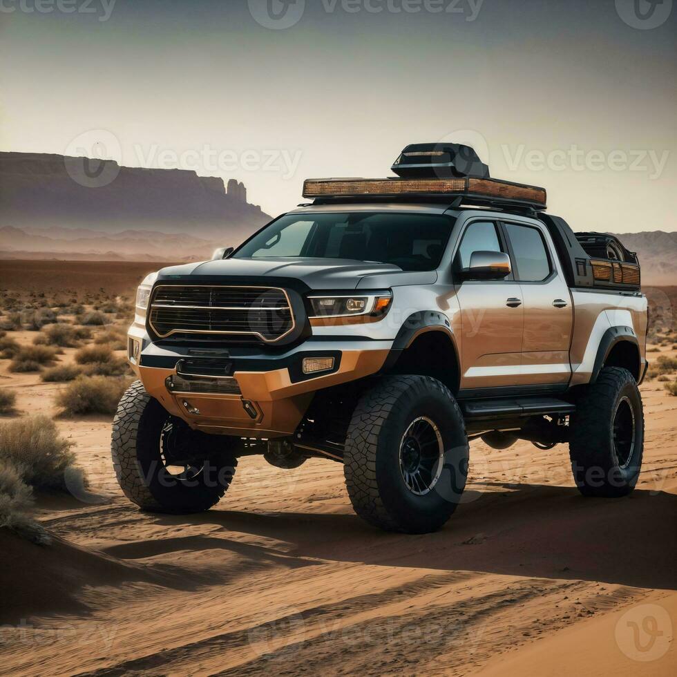 photo of truck in hot sand desert, generative AI