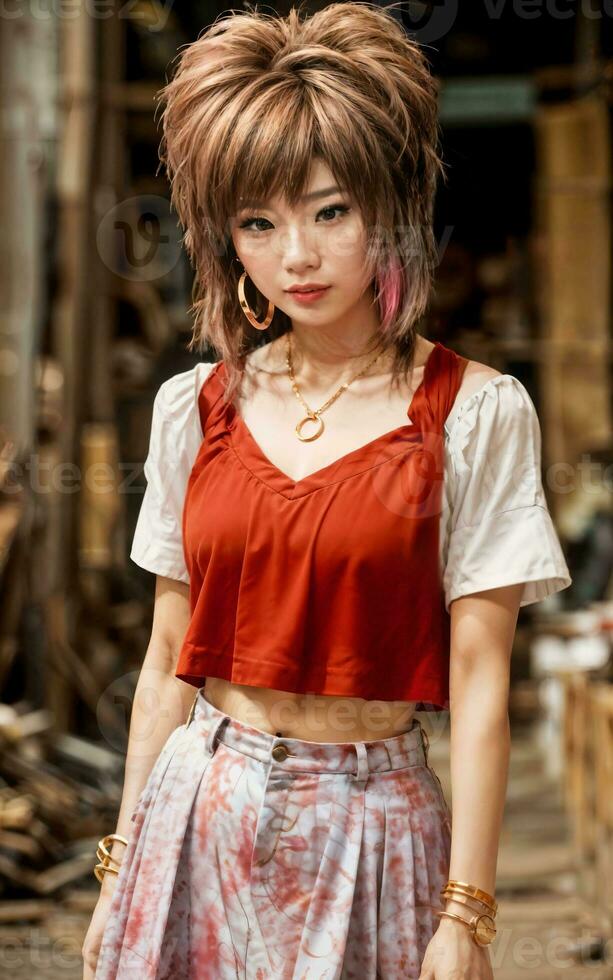 photo of teenage playful asian woman with accessories and mullet hairstyle, generative AI