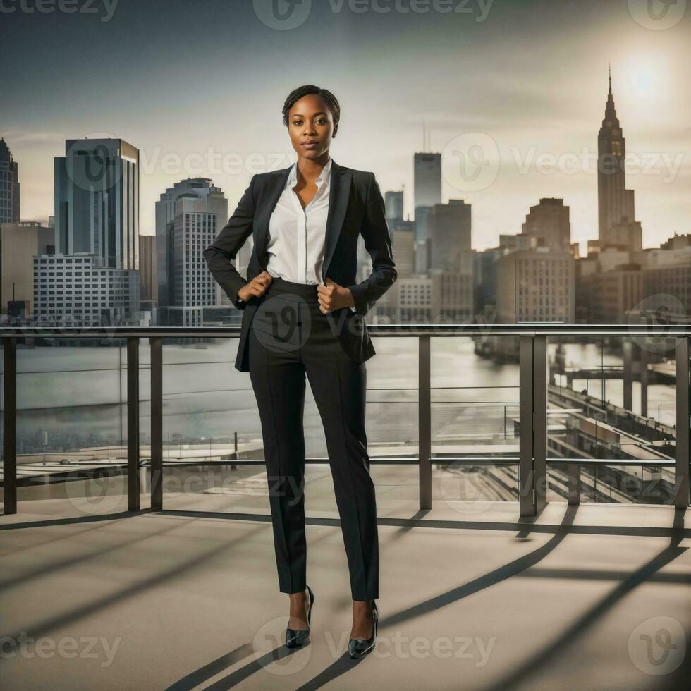 photo of smart african woman with black business suit at big modern city, generative AI