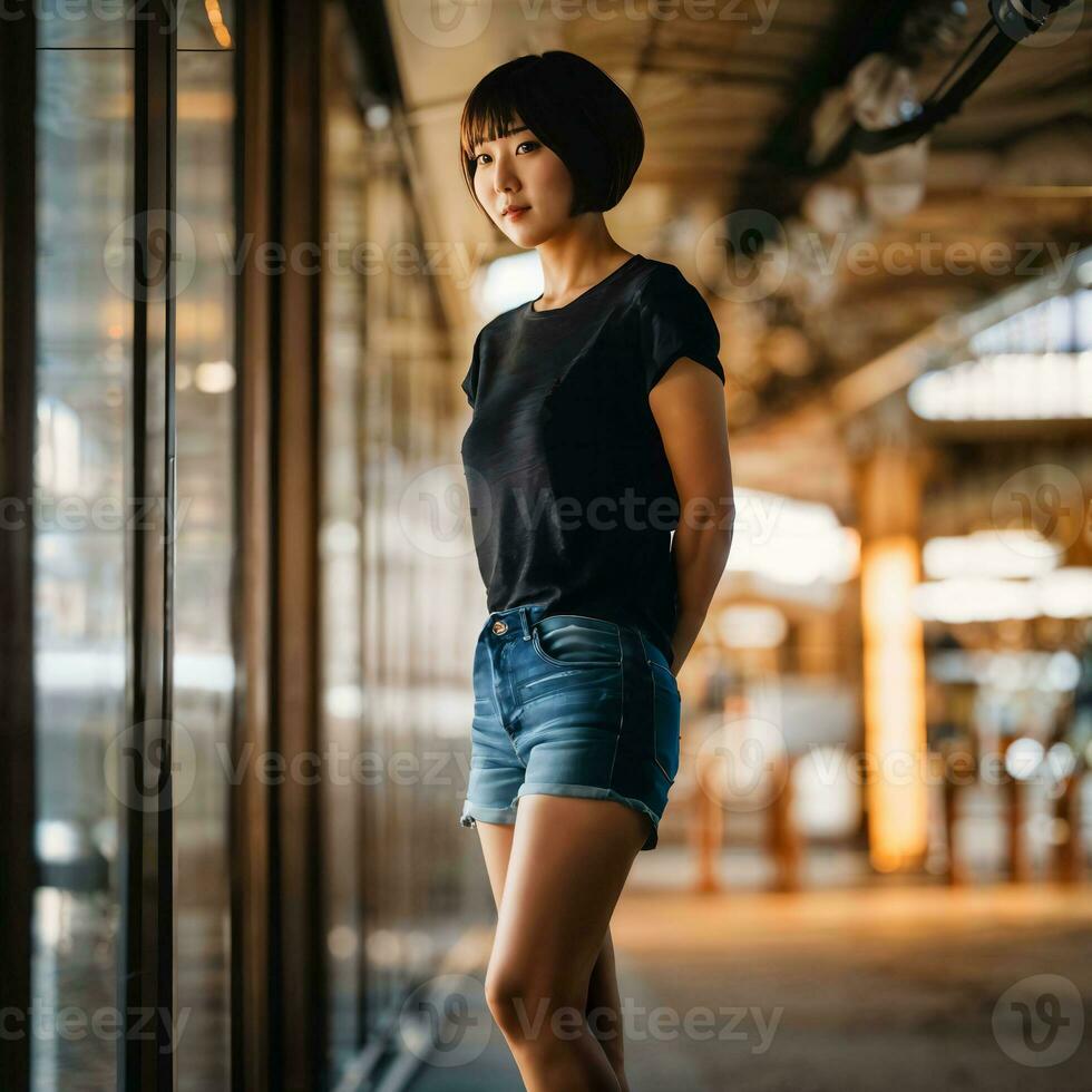 photo of beautiful japanese asian woman with short hair, generative AI