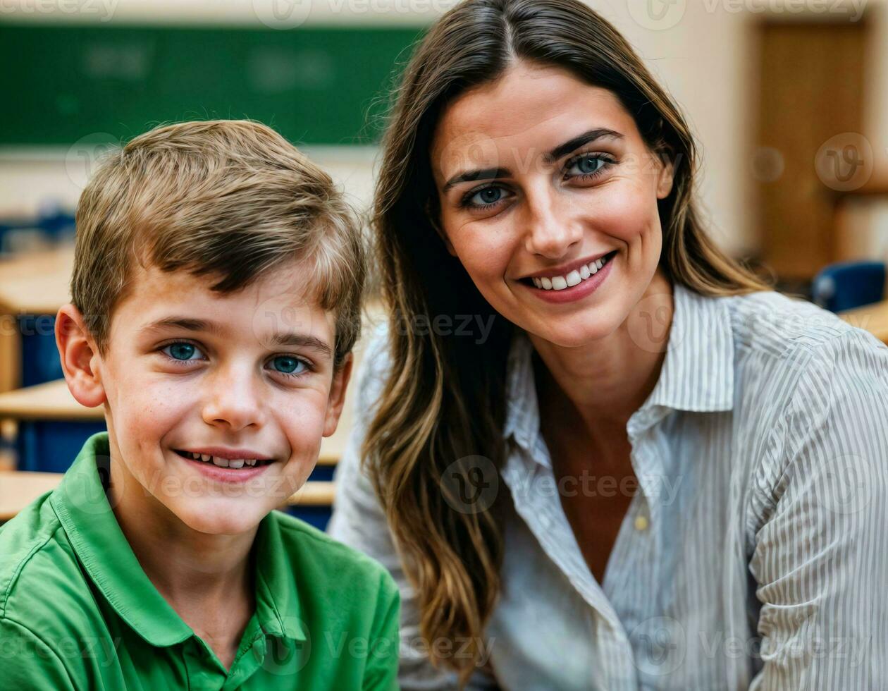 foto de contento profesor y niños a colegio habitación, generativo ai