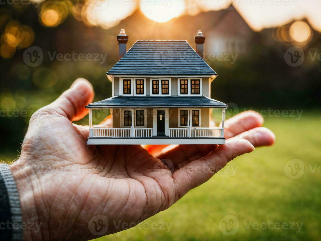 photo of close up hand holding mini house, generative AI