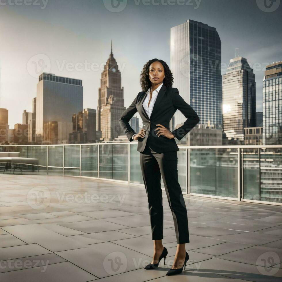 photo of smart african woman with black business suit at big modern city, generative AI