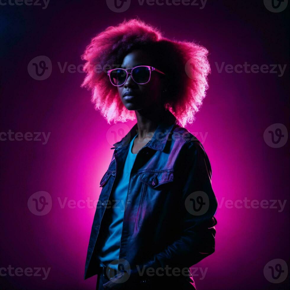 photo of beautiful african woman with with mixed pink and blue neon light, generative AI