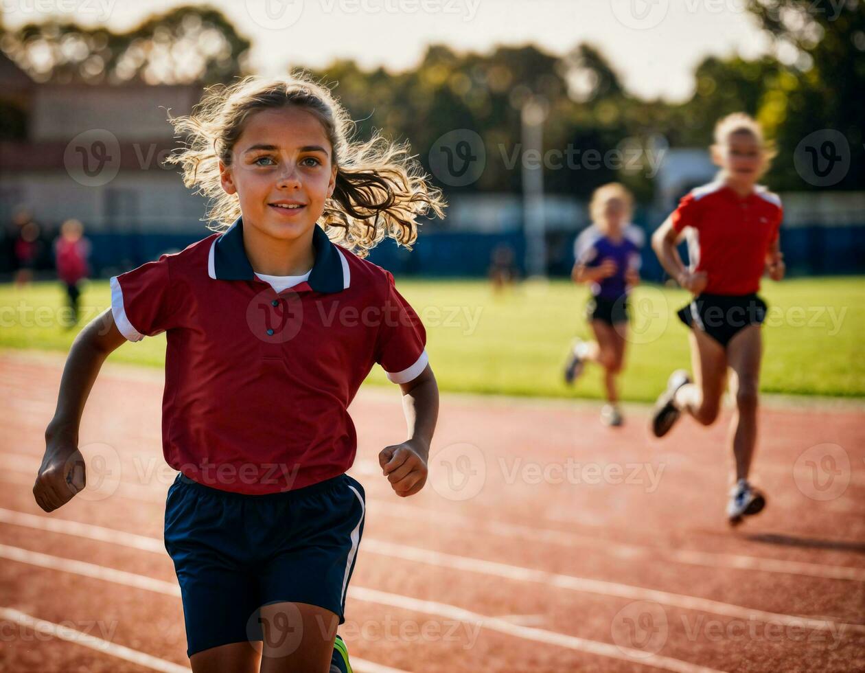 photo of girl kids running race sport at school, generative AI