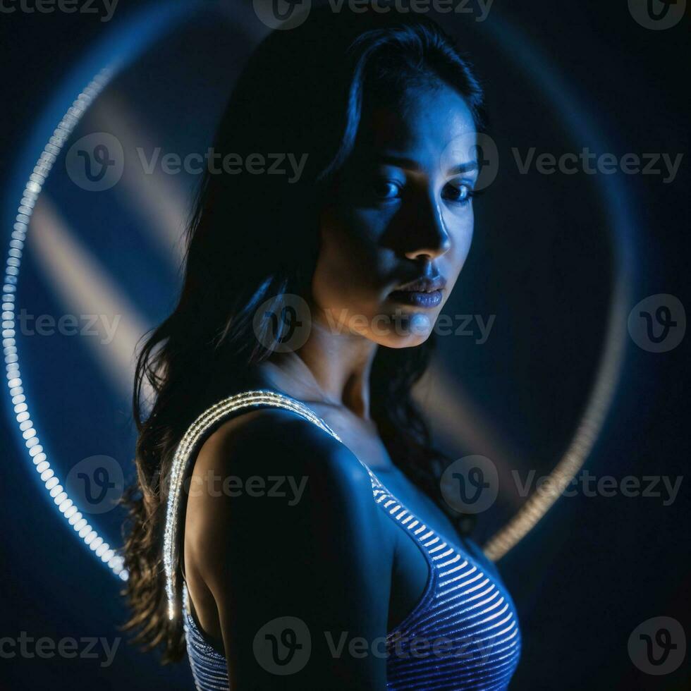 photo of beautiful woman with blue light on black background, generative AI