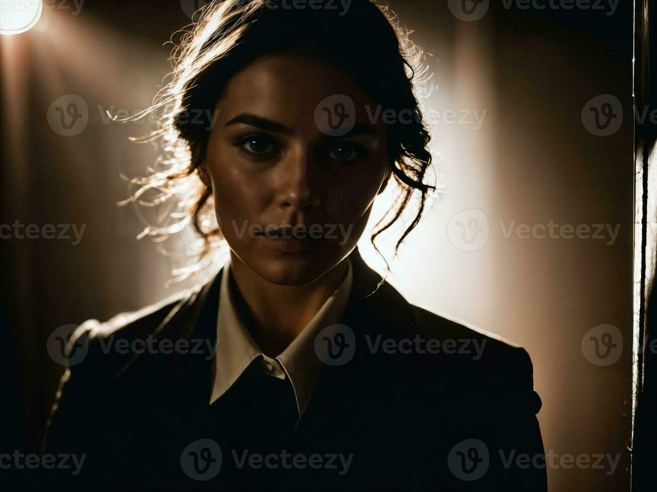 photo of serious detective woman in crime scene, generative AI
