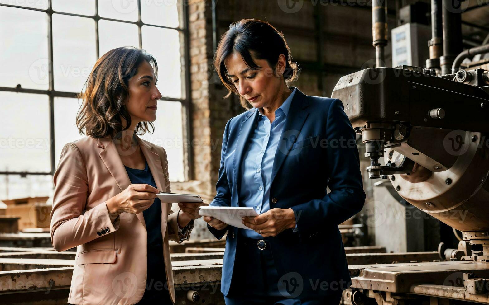 foto de trabajando empresario mujer a fábrica con máquina y obrero, generativo ai