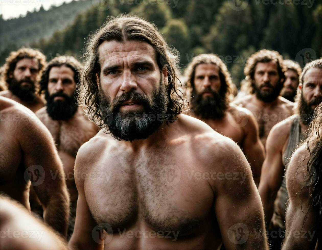 photo of group of strong caveman gang, generative AI