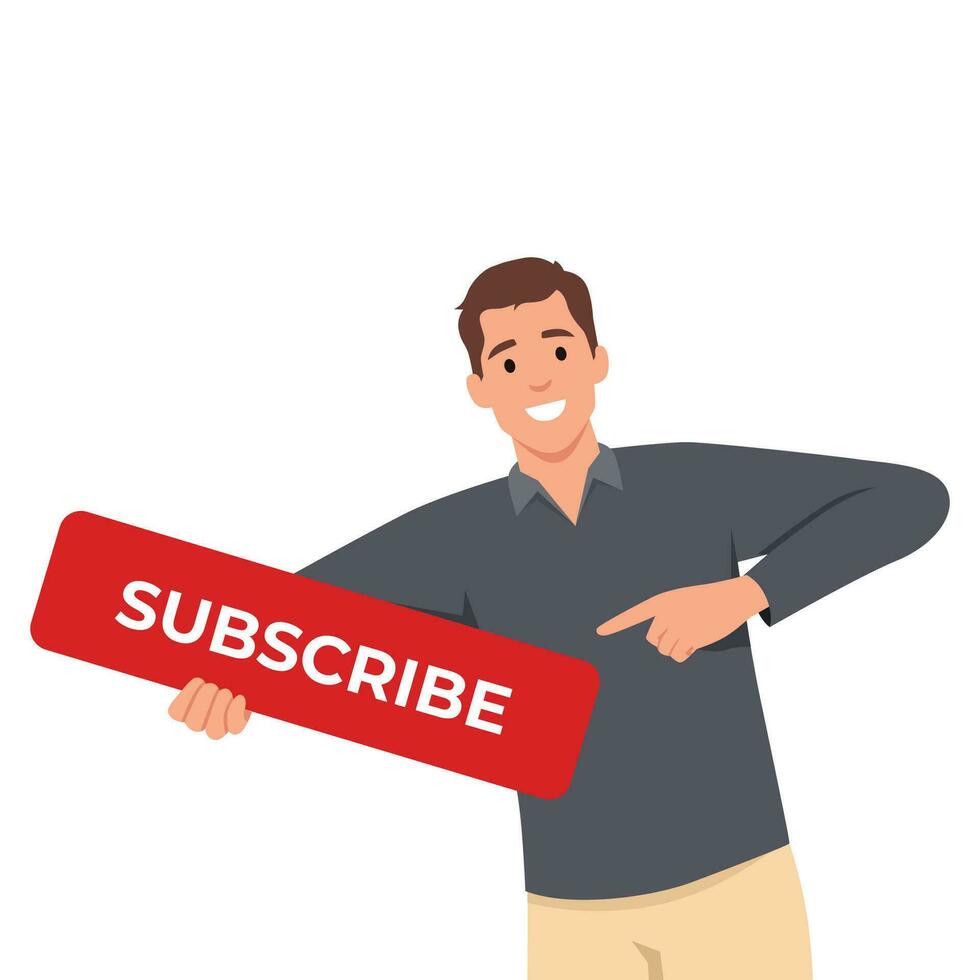 Subscriber concept illustration, man holds a subscribe button with a call to click vector