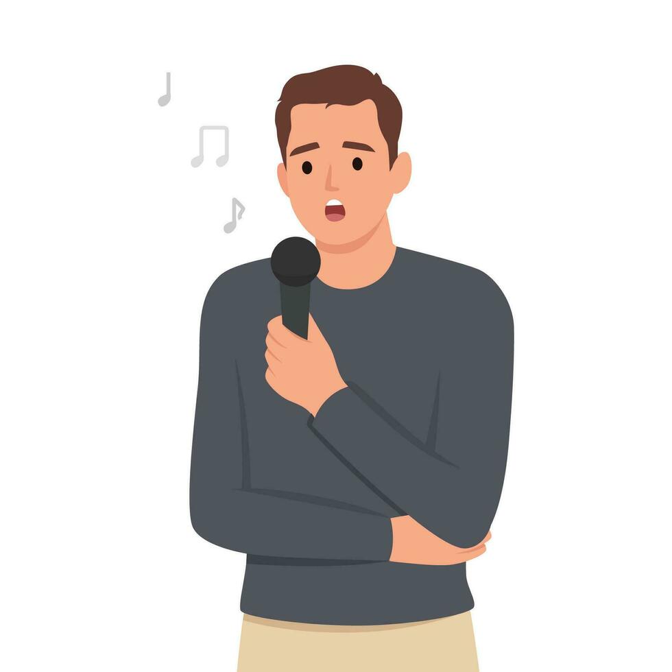 Young man singer singing song with microphone. vector