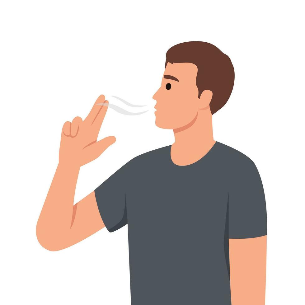 Casual guy teenager puts fingers to lips depicting gun wants to seem like smoker. Youth man lights invisible cigarette suffering from bad habits or nicotine addiction. vector