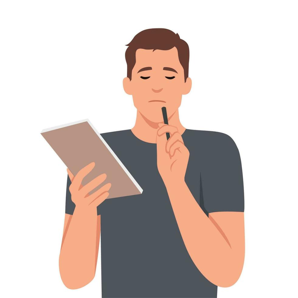 Positive thoughtful man with notebook in hand puts pen to face while thinking about difficult task. Boy high school student preparing for exams or important olympics. vector