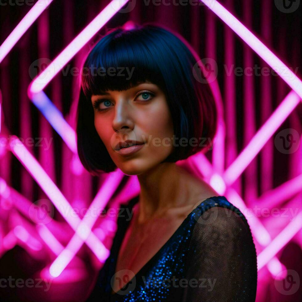 photo of beautiful woman with short hair and mixed pink neon light, generative AI