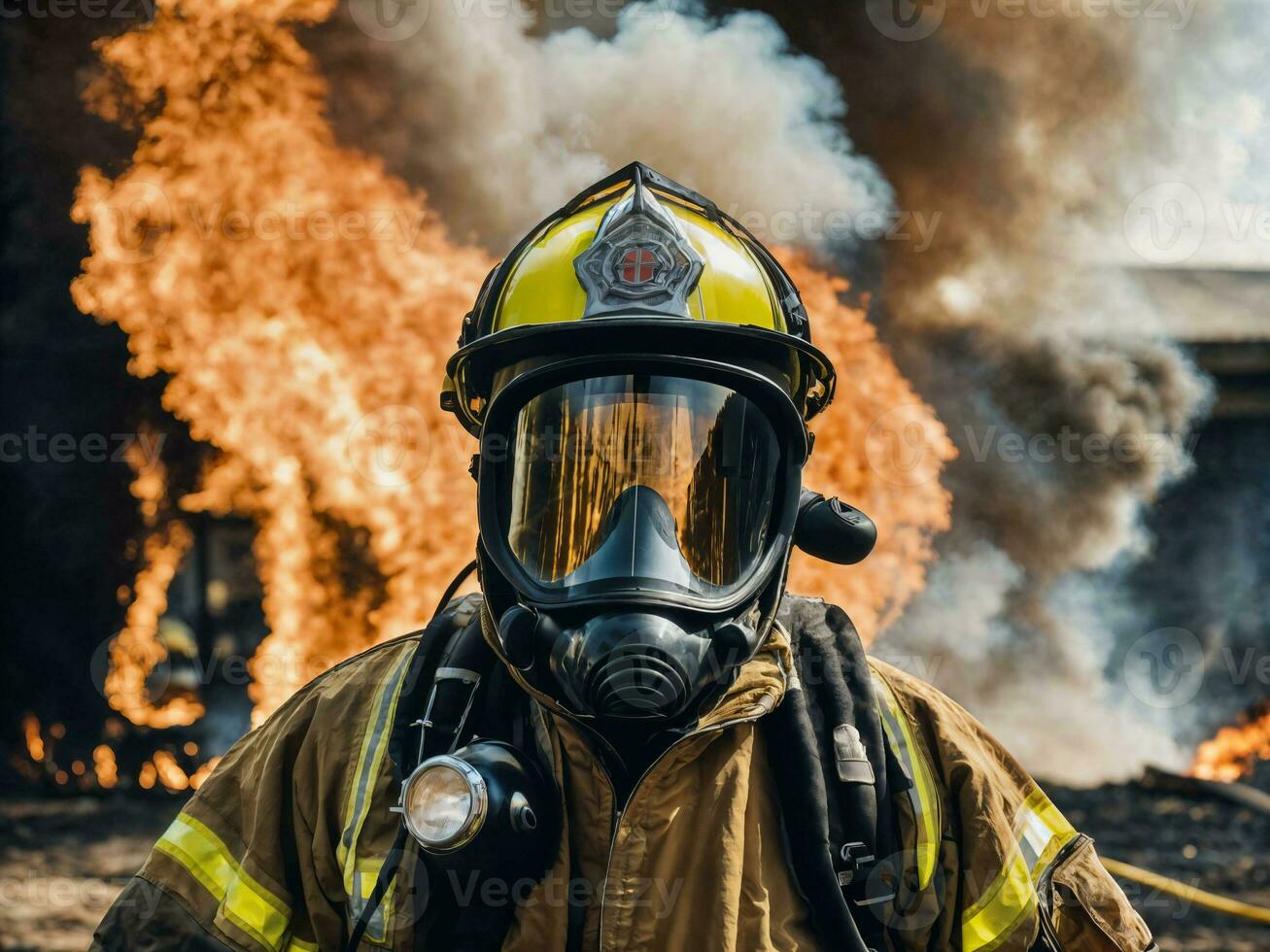photo of firefighter with big fire cloud and smoke in background, generative AI