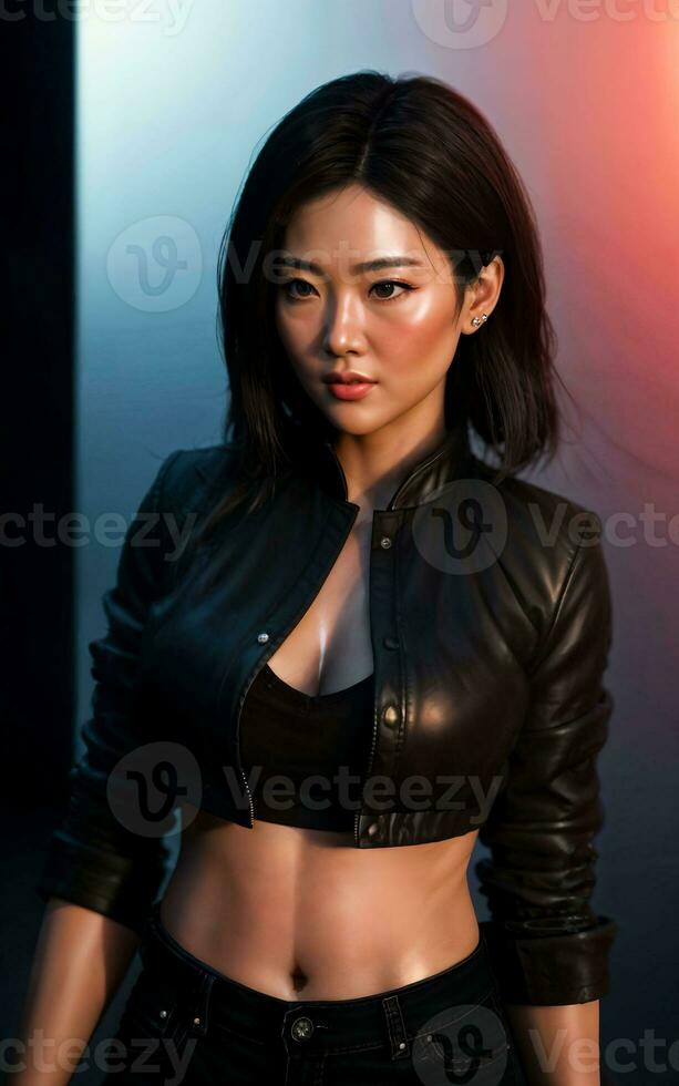 photo of asian woman in jacket outfit with colorful light in background, generative AI