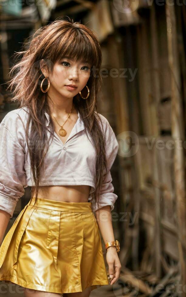 photo of teenage playful asian woman with accessories and mullet hairstyle, generative AI
