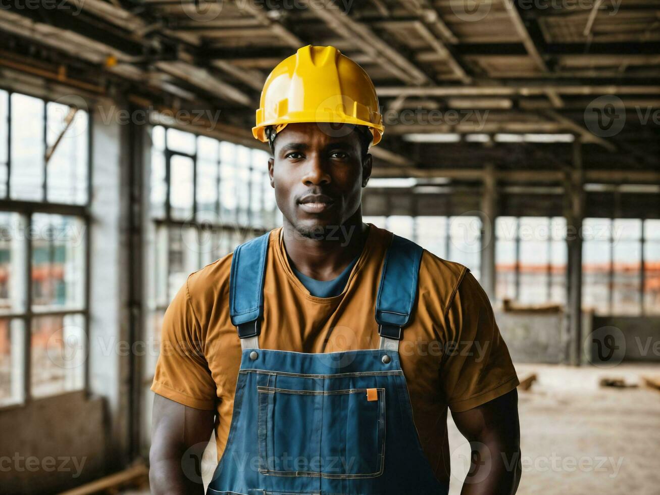 photo of african black man as a construction worker with helmet, generative AI