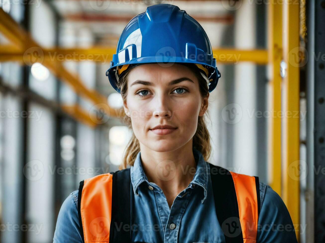 photo of woman as a construction worker with helmet, generative AI