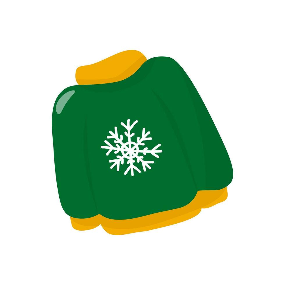 Vector clipart sweater with snowflakes. Green Christmas snowflake sweater. In a hand-drawn style, on a white background.