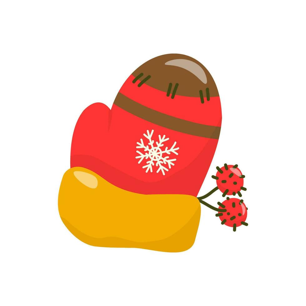 Stock Vector clipart winter red mittens with snowflake ornament. In a hand-drawn style, on a white background.
