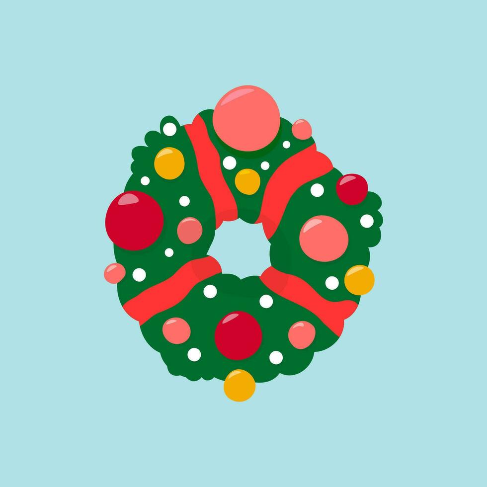 Vector image of a christmas wreath. Isolated clipart on blue background, in hand drawn style..