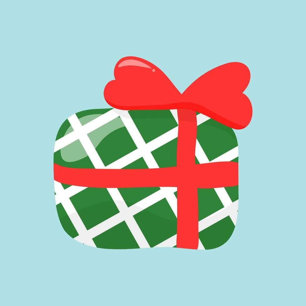 Vector single clipart green gift box with white stripeds. Christmas Box. In hand-drawn style.
