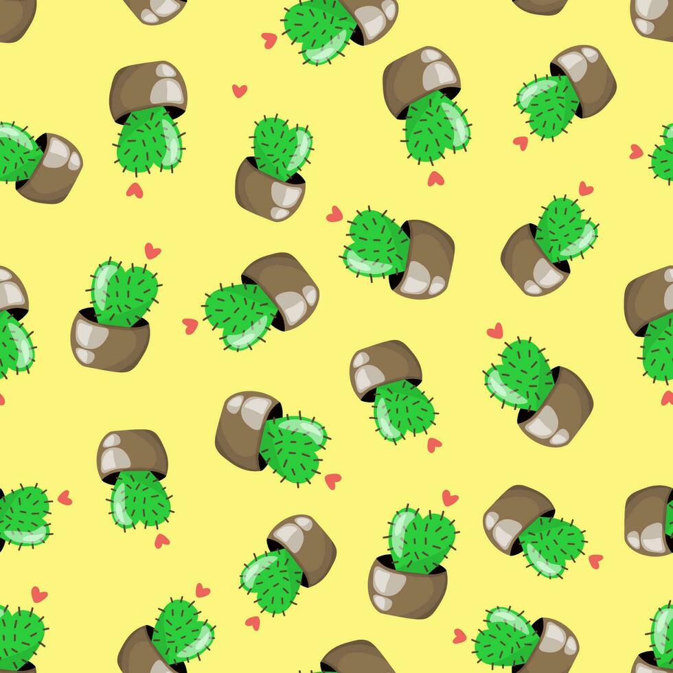 Seamless pattern with cute cacti and hearts, in green, pink, brown and yellow colors. In cartoon style. vector