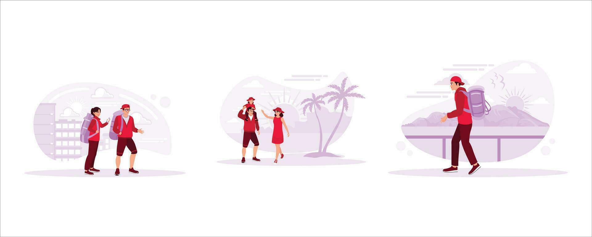 un Pareja de turistas con dos pantalones caminando hacia el vacaciones lugar, un bonito familia vacaciones, un joven hombre caminando a lo largo el playa. conjunto tendencia moderno vector plano ilustración