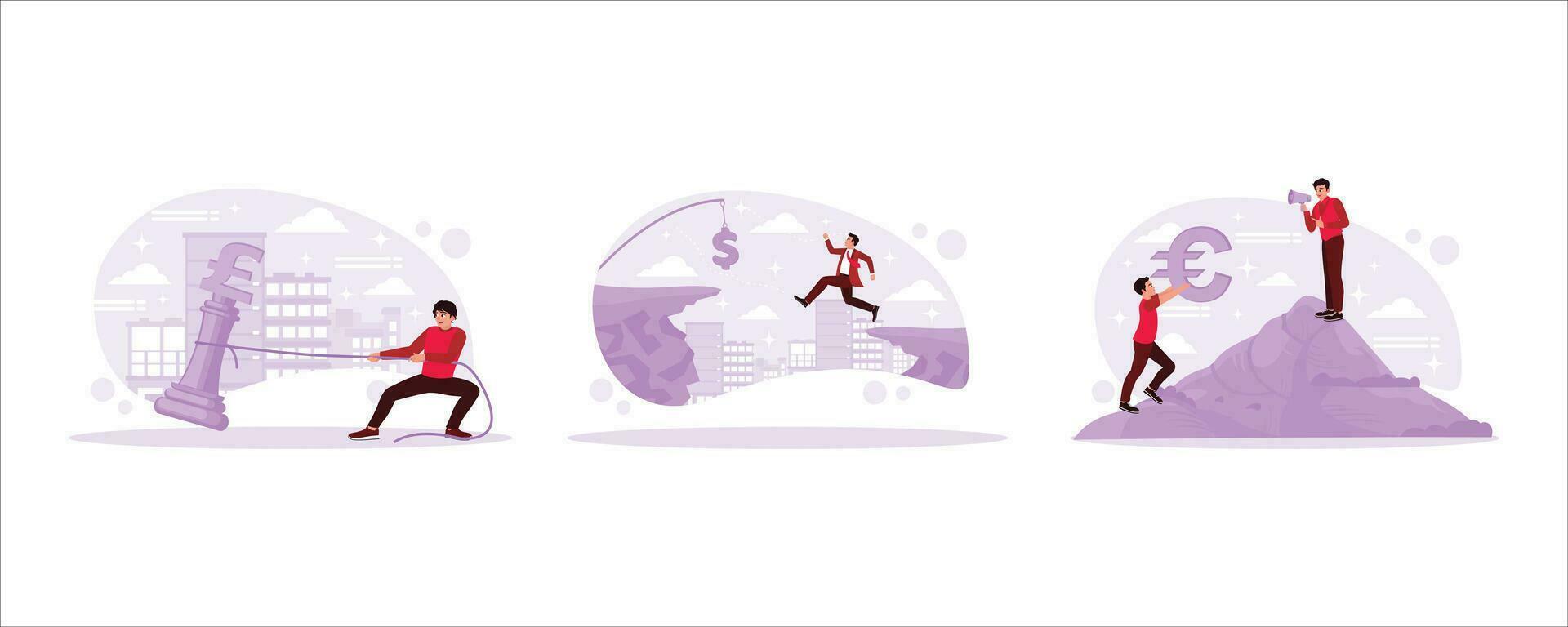 Man trying to pull a chess pound symbol, Investment risk or money trap, controlling employees to work. Finance control scenes concept. Set Trend Modern vector flat illustration