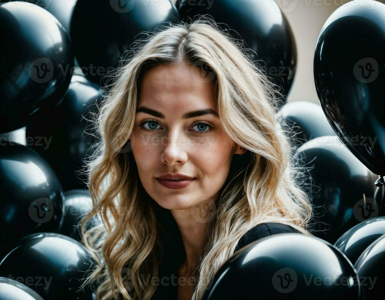 photo of beautiful european woman with blonde hair color in black and white balloons in background, generative AI