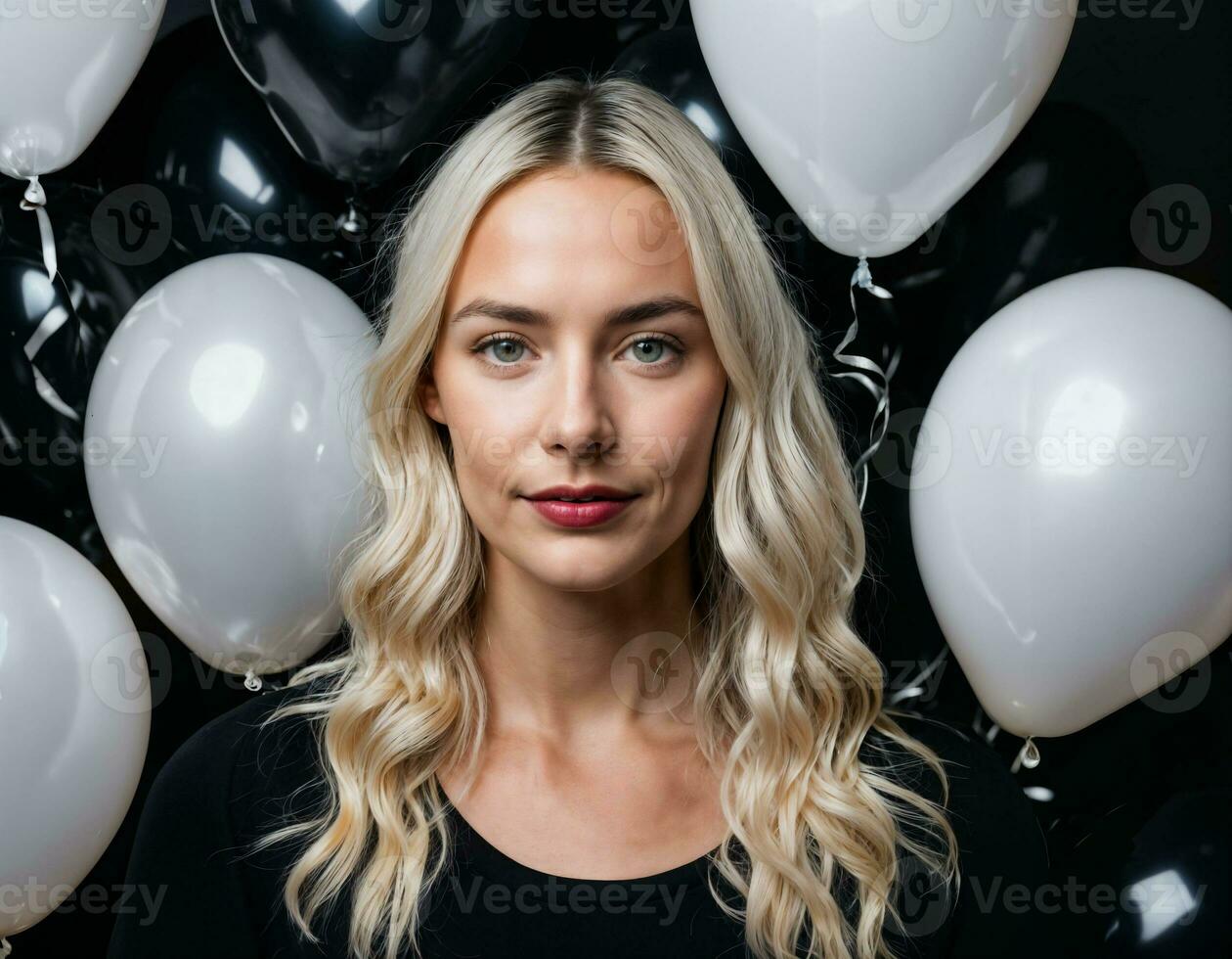 photo of beautiful european woman with blonde hair color in black and white balloons in background, generative AI