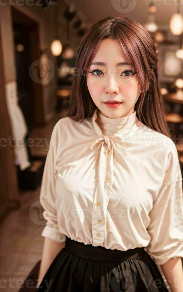 photo portrait of teenage joyful asian woman with black hair , generative AI