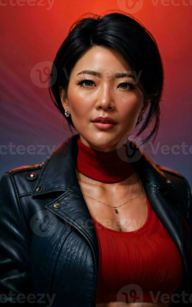 photo of asian woman in jacket outfit with colorful light in background, generative AI