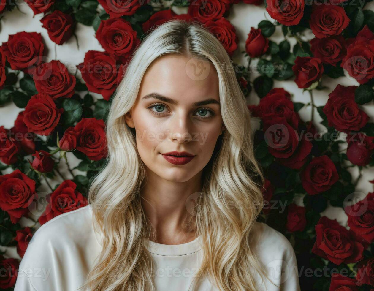 foto de hermosa mujer en rubia pelo color con rojo Rosa fondo, generativo ai